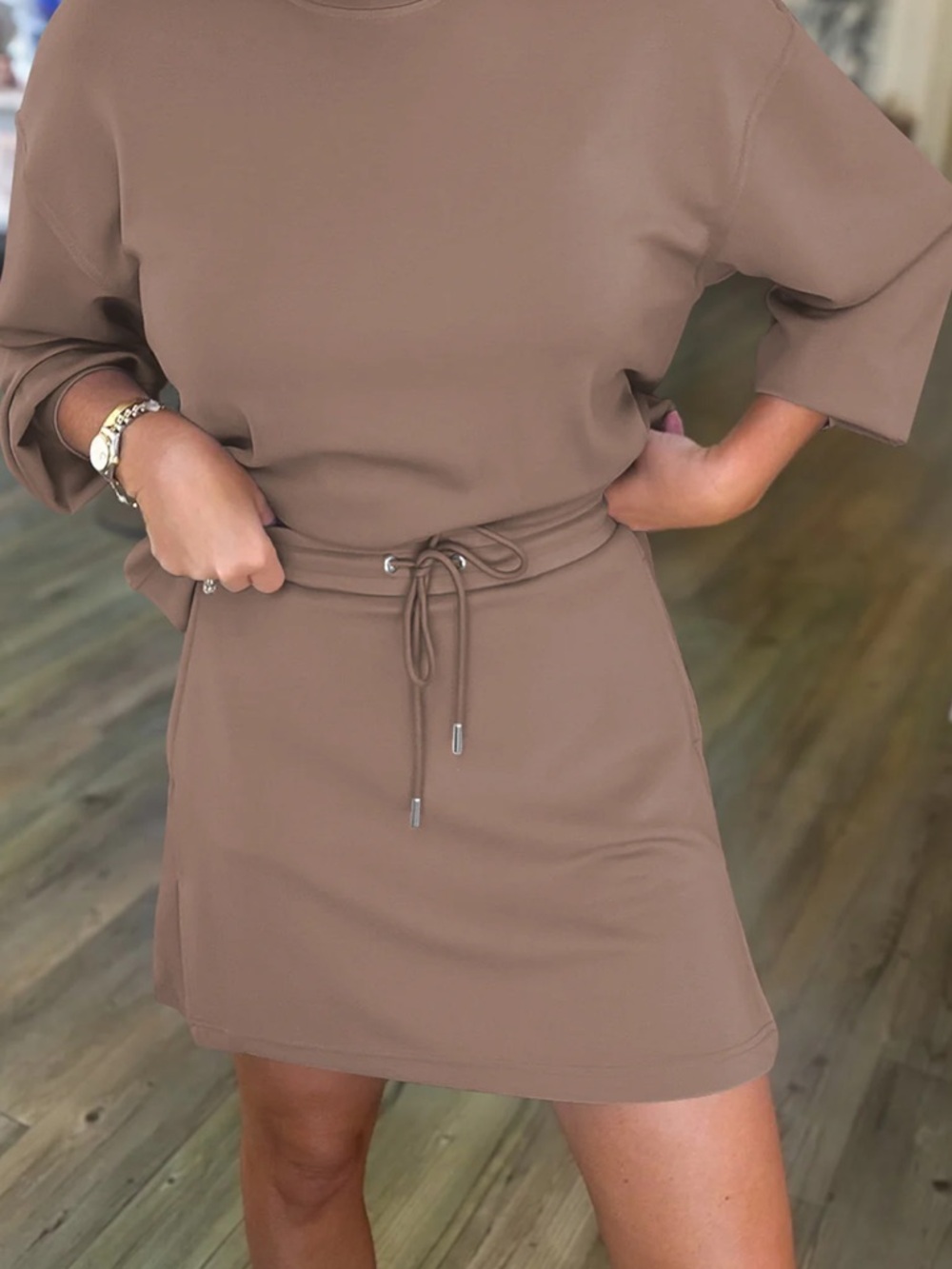 TRIBAL WOMEN'S TECHNO LUX 3/4 SLEEVE FUNNEL NECK DRESS WITH DRAWCORD - FOSSIL M